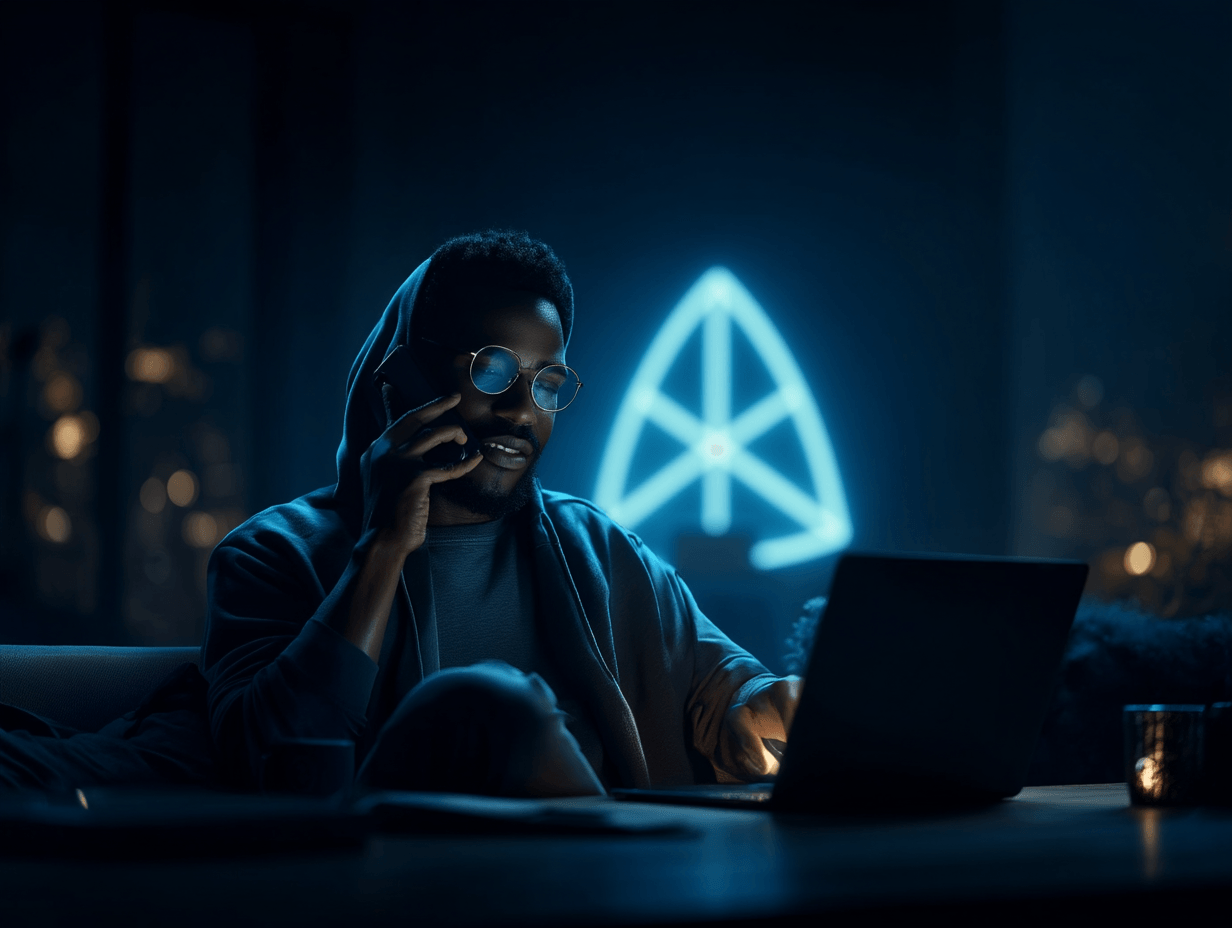 Personne au téléphone devant un ordinateur portable, logo néon Afitpilot éclairant un espace de travail sombre