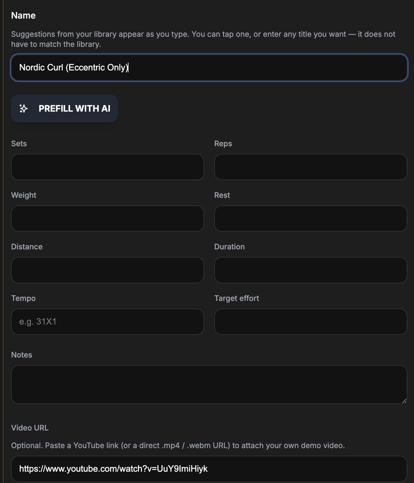 AI Exercise Prefill — before